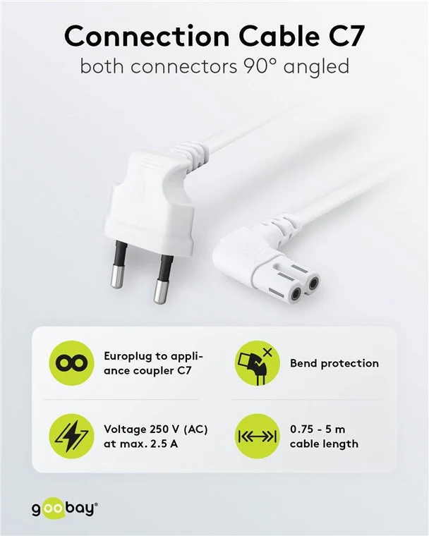 Anschlusskabel Eurostecker beidseitig abgewinkelt, 5 m, Weiß, (2*0,75 mm²)