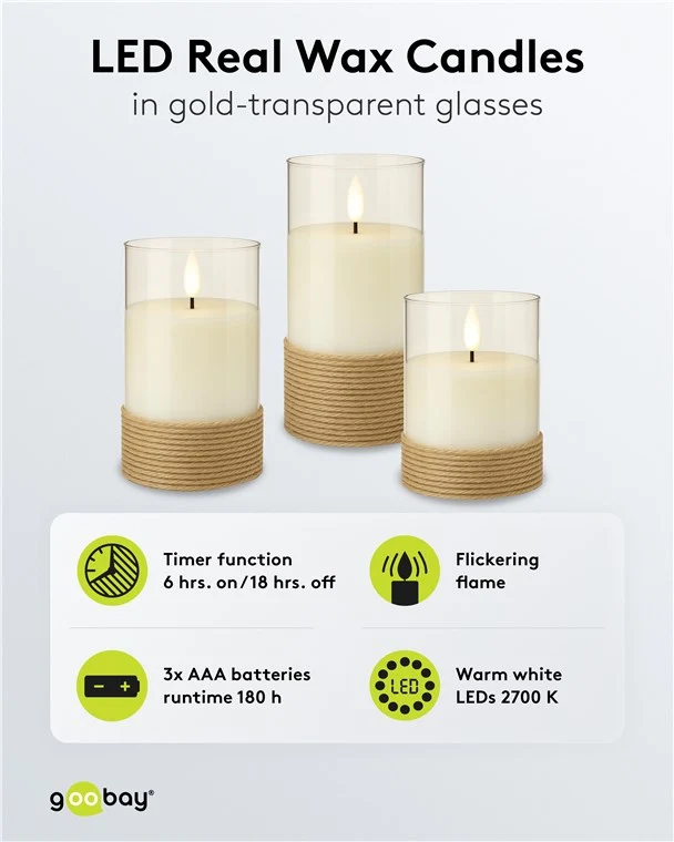 3er-Set LED-Echtwachs-Kerzen im Glas, weiß, mit Hanf umwickelt, inkl. 10x AAA (LR03)