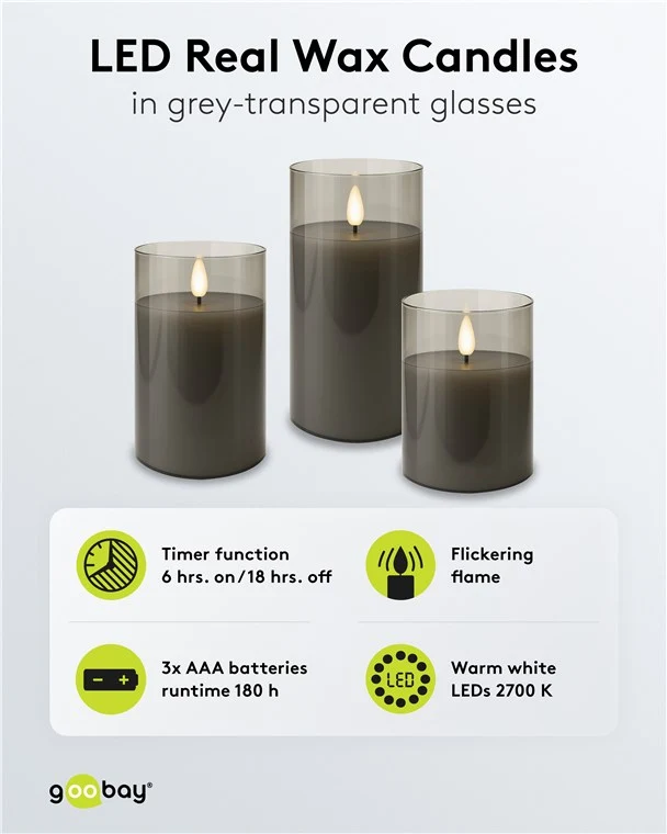 3er-Set LED-Echtwachs-Kerzen im Glas, grau-transparent, inkl. 10x AAA (LR03)