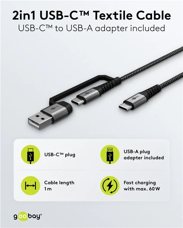 2in1 USB-Textilkabel, spacegrau/silber, 1 m