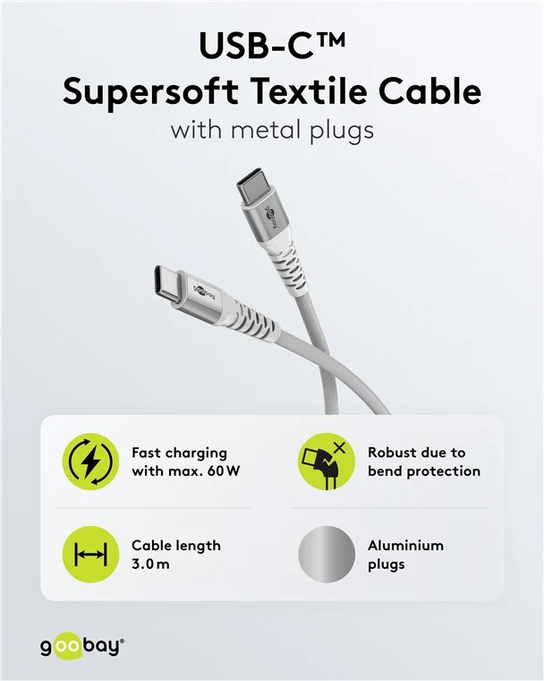 USB-C™ Supersoftes Textilkabel mit Metallsteckern, 3 m, weiß