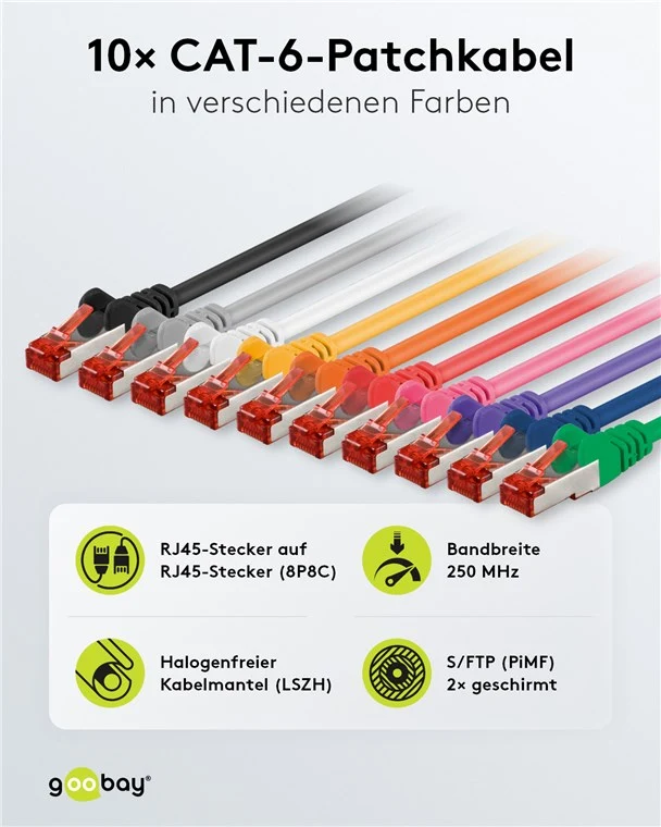 CAT 6 Patchkabel, S/FTP (PiMF), 5 m, Set in 10 Farben