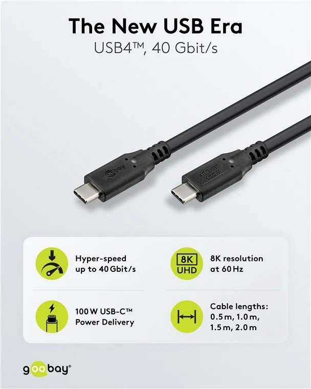 USB-C™-Kabel, USB4™, 100 W, 40 Gbit/s, Power Delivery, 1 m