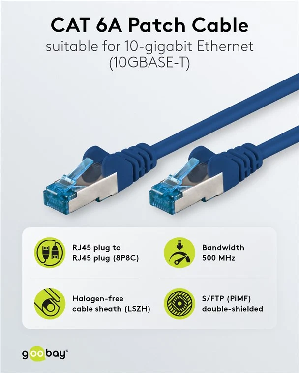 CAT 6A Patchkabel, S/FTP (PiMF), 1 m, blau, 5er-Set