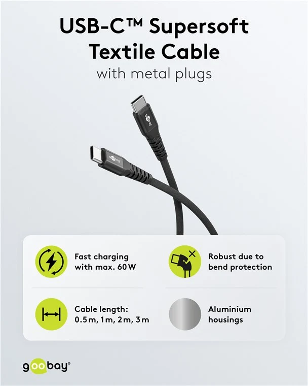 USB-C™ Supersoftes Textilkabel mit Metallsteckern, 0,5 m, schwarz