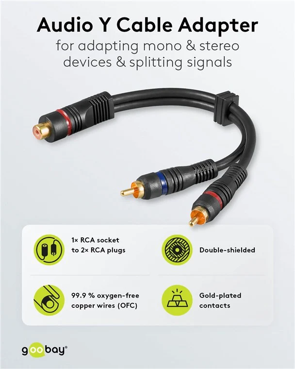 Audio Y-Kabeladapter, 2x Cinch-Stecker zu 1x Stereo-Cinch-Buchse, OFC, zweifach geschirmt