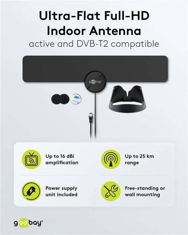 Ultraflache aktive Full HD DVB-T2 Zimmerantenne, inkl. LTE/4G Filter