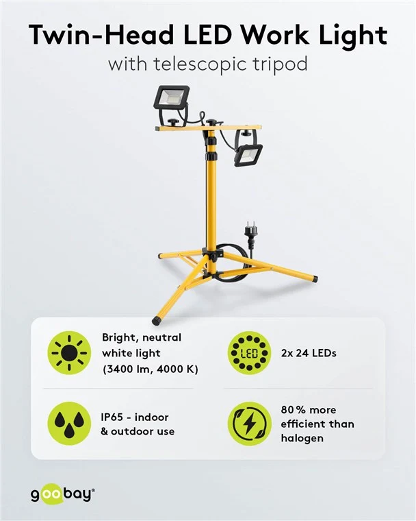 LED-Baustrahler mit Teleskopstativ, 2x 20 W