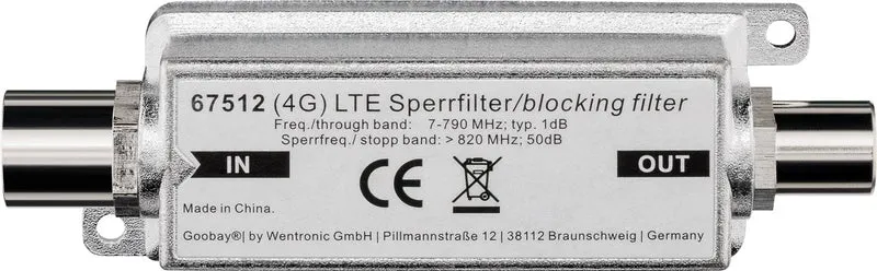 LTE/4G Sperrfilter, Koax-Stecker auf Koax-Buchse