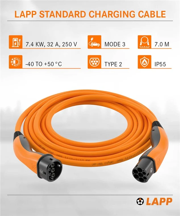 Ladekabel Typ 2, bis zu 7,4 kW, 7 m, orange