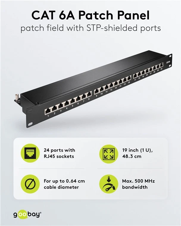CAT 6A 19 Zoll (48,3 cm) Patch Panel, 24 Port, (1 HE)