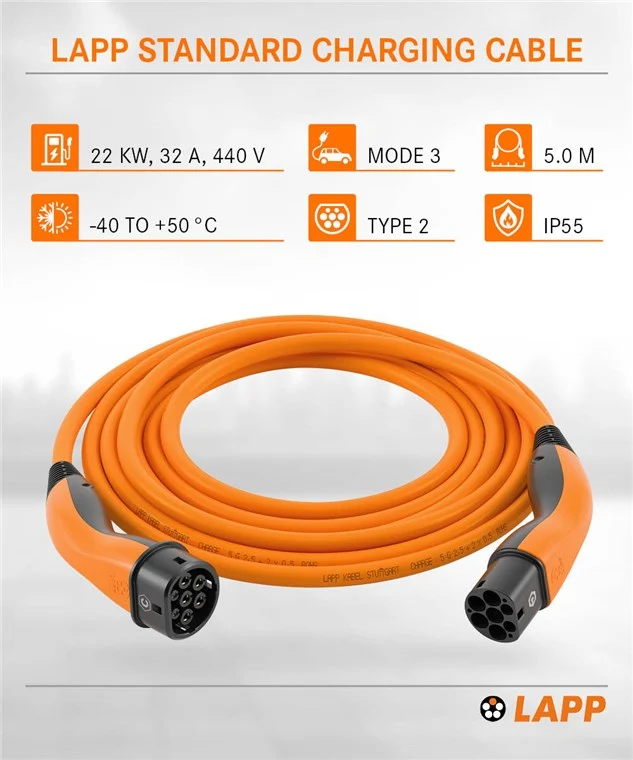 Ladekabel Typ 2, bis zu 22 kW, 5 m, orange